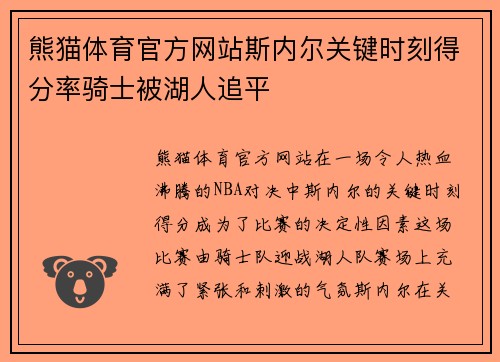 熊猫体育官方网站斯内尔关键时刻得分率骑士被湖人追平